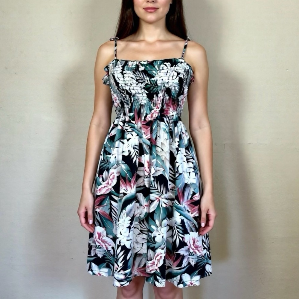Vintage 90s Hawaiian Tiki Palm Print Midi Tank Dress Sundress Size M tropical